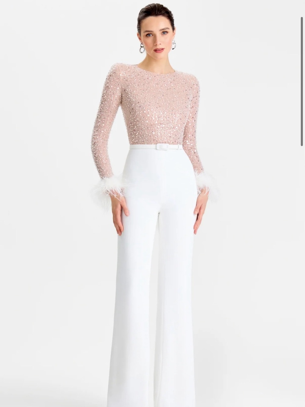 NADINE MERABI Nude Sequin & Ivory Feather-Cuff Jumpsuit
